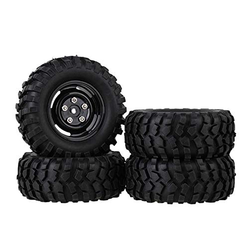 Mxfans 12mm Hex Black Plastic Wheel Rims with Screws Rubber Tyres Tires for RC 110 Racing Rock Crawler Car Pack of 4 - Image 1