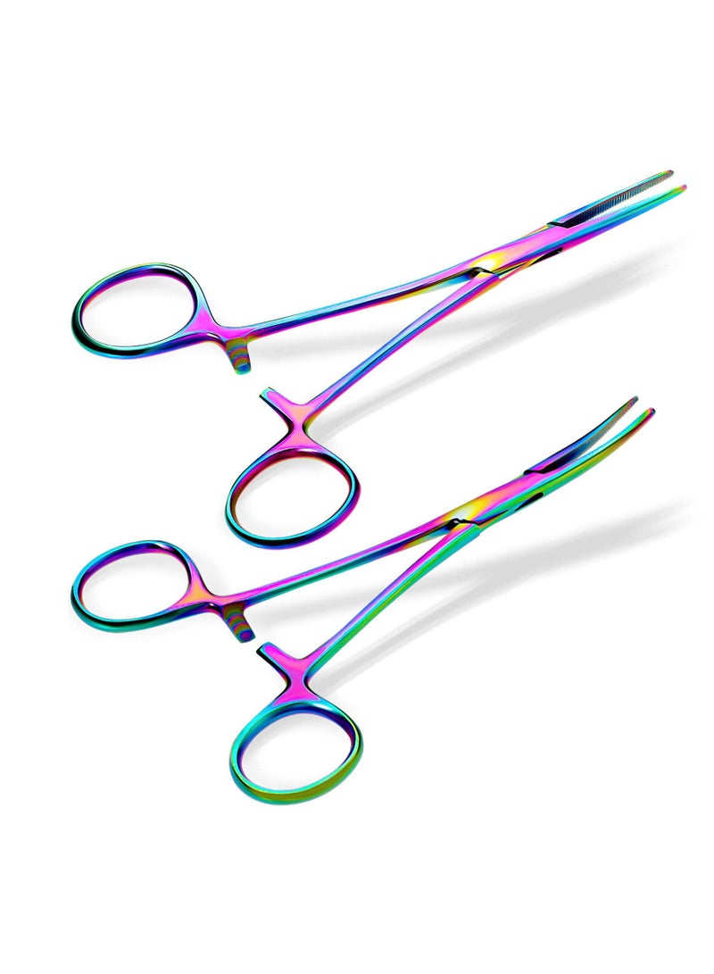 SYOSI 2 Pieces Hemostat Curved and Straight Hemostat Forceps Piercing Pliers Multi Color Rainbow Forceps,Fishing Tweezer Hemostats,  5.5" Stainless Steel Straight and Curved Pliers, Pet Ear Hair Clipper - Image 1