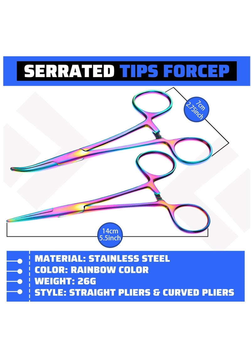 SYOSI 2 Pieces Hemostat Curved and Straight Hemostat Forceps Piercing Pliers Multi Color Rainbow Forceps,Fishing Tweezer Hemostats,  5.5" Stainless Steel Straight and Curved Pliers, Pet Ear Hair Clipper - Image 2