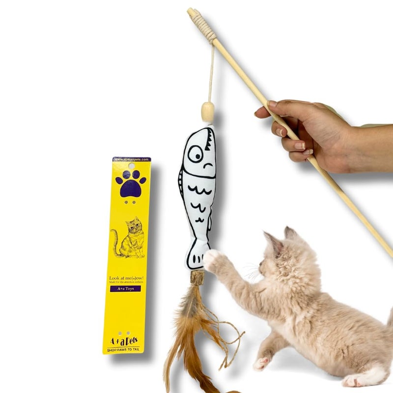 A+a Pets ' Cat Wand Teaser Interactive Toy with Retractable Pet Toy for Cats, Puppies, and Small Animals (Nemo White) - Image 1