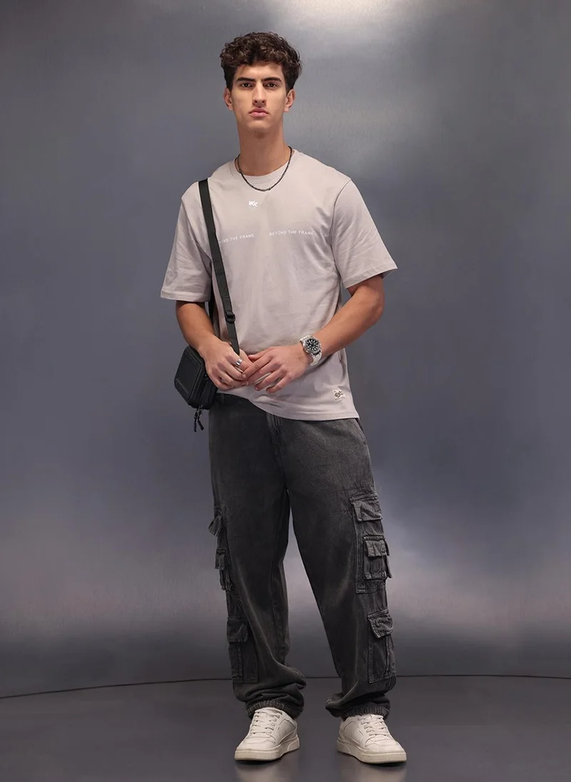 Wrogn Placement Printed Oversized T-Shirt | Grey