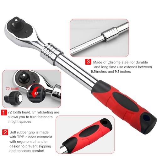WINTOWIN 1/4-Inch Drive Extendable Ratchet Wrench, 1/4" Drive Ratchet Socket Wrench, Quick Release 72-Tooth Reversible - Image 2