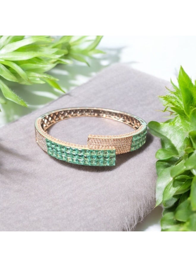 Pretty Precious Cubic Zirconia  Openable Kada | Cubic Zirconia  Openable Brecelet – Elegant Rhodium Plated Openable Bangle for Women and Girls-Green - Image 1