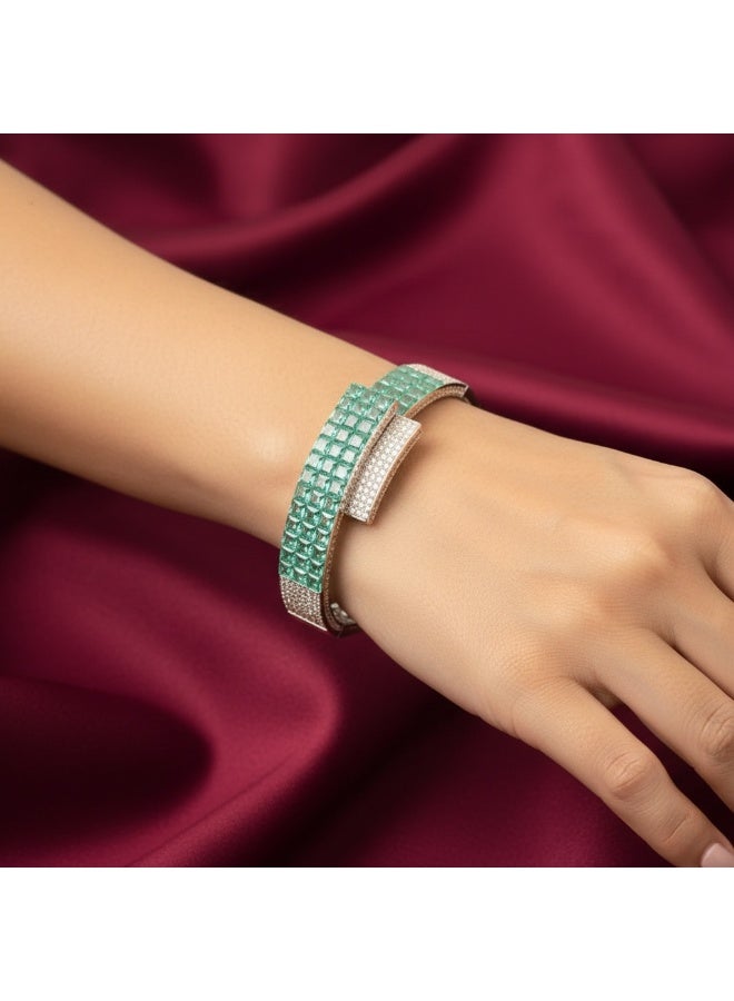 Pretty Precious Cubic Zirconia  Openable Kada | Cubic Zirconia  Openable Brecelet – Elegant Rhodium Plated Openable Bangle for Women and Girls-Green - Image 2