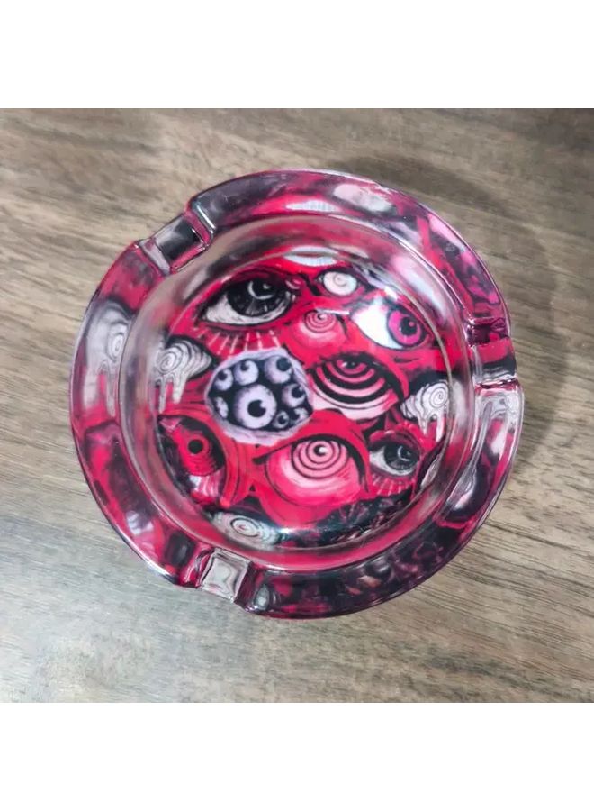 مصمم زجاجي منقوش بعين القط متعدد الألوان 8.5 سم، منفضة سجائر، إكسسوار تدخين، ديكور للمنزل والمكتب - Image 1