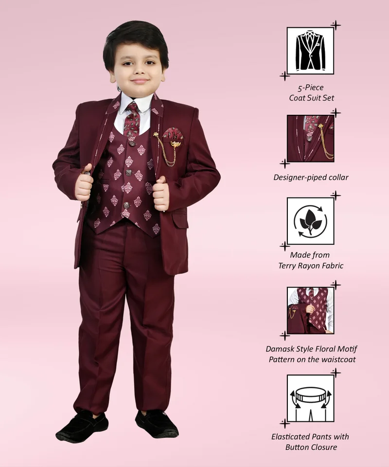 BT DEZINES Maroon Floral Damask 5-Piece Suit Set for Boys