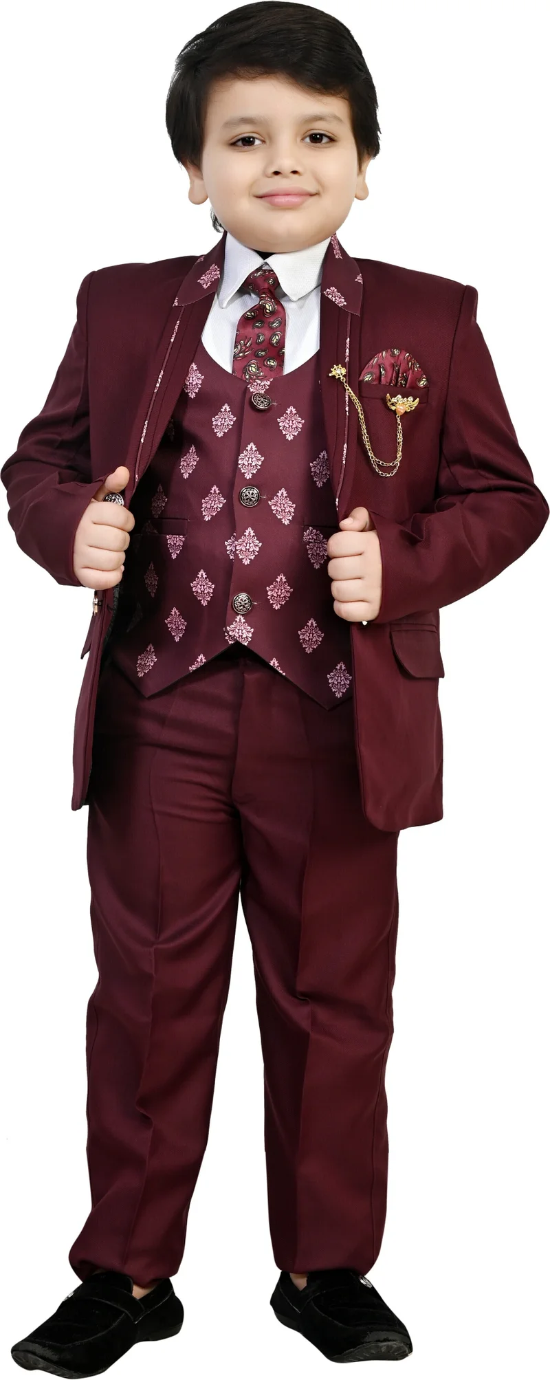 BT DEZINES Maroon Floral Damask 5-Piece Suit Set for Boys