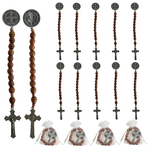 Bovemee 12PCS Antique Silvery Saint Benedict Medal Prayer Pocket Rosary with Organza Bags Easter Day Gifts Catholic Brown Wood Beads with Medalla de san benitol and Crucifix Christian Gift - Image 1