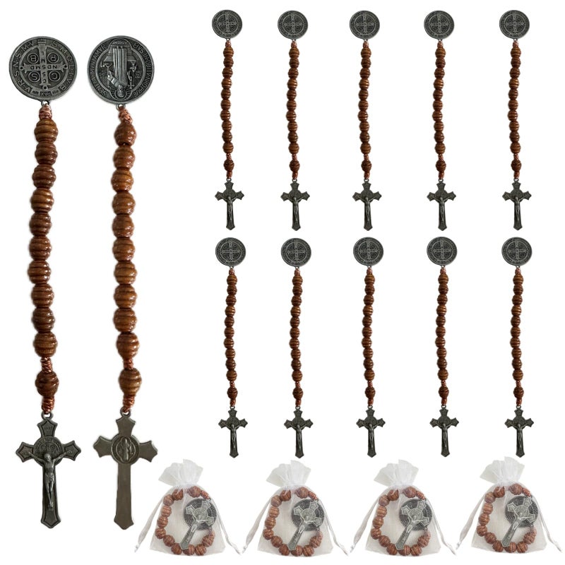 Bovemee 12PCS Antique Silvery Saint Benedict Medal Prayer Pocket Rosary with Organza Bags Easter Day Gifts Catholic Brown Wood Beads with Medalla de san benitol and Crucifix Christian Gift - Image 2