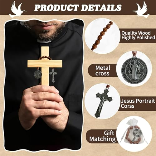 Bovemee 12PCS Antique Silvery Saint Benedict Medal Prayer Pocket Rosary with Organza Bags Easter Day Gifts Catholic Brown Wood Beads with Medalla de san benitol and Crucifix Christian Gift - Image 3