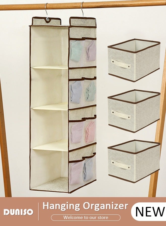 DUNISO 4-Tier Hanging Storage Organizer with 3 Drawers, Hanging Closet Shelf Organizer with Handle, Wardrobe Hanging Organizer, Fabric Hanging Shelf Storage Organizer, Hanging Closet Organizer - Image 1