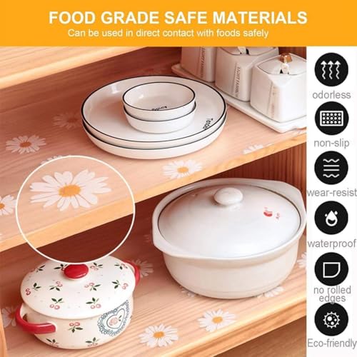 Tusmad Fridge Sheets for Shelves | EVA Food-Grade White Kitchen Mat – Multipurpose Washable Anti-Slip Fridge Mats for Drawers, Table | Non-Toxic, Waterproof Yellow Flower Mat, 45 CM x 1.5 M Roll - Image 4