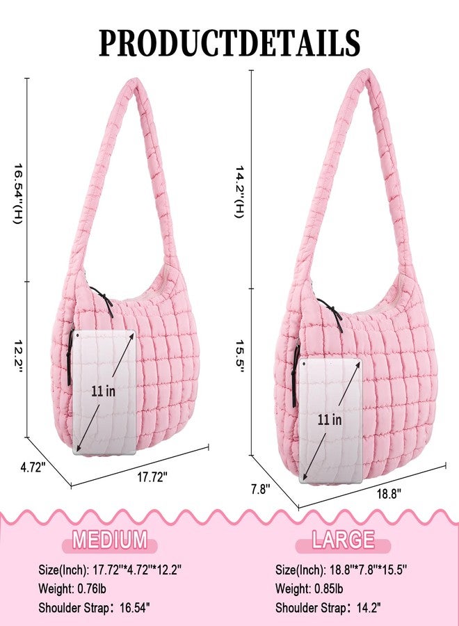 حقيبة حمل مبطنة ومنتفخة، حقيبة كتف كروسبودي بسحاب، حقائب نايلون منتفخة، حقيبة يد للسفر بمقبض علوي للنساء والفتيات، حقائب حمل كبيرة الحجم مبطنة وناعمة (وردي، كبير) - Image 2