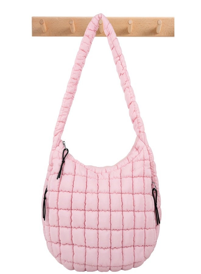 حقيبة حمل مبطنة ومنتفخة، حقيبة كتف كروسبودي بسحاب، حقائب نايلون منتفخة، حقيبة يد للسفر بمقبض علوي للنساء والفتيات، حقائب حمل كبيرة الحجم مبطنة وناعمة (وردي، كبير) - Image 1