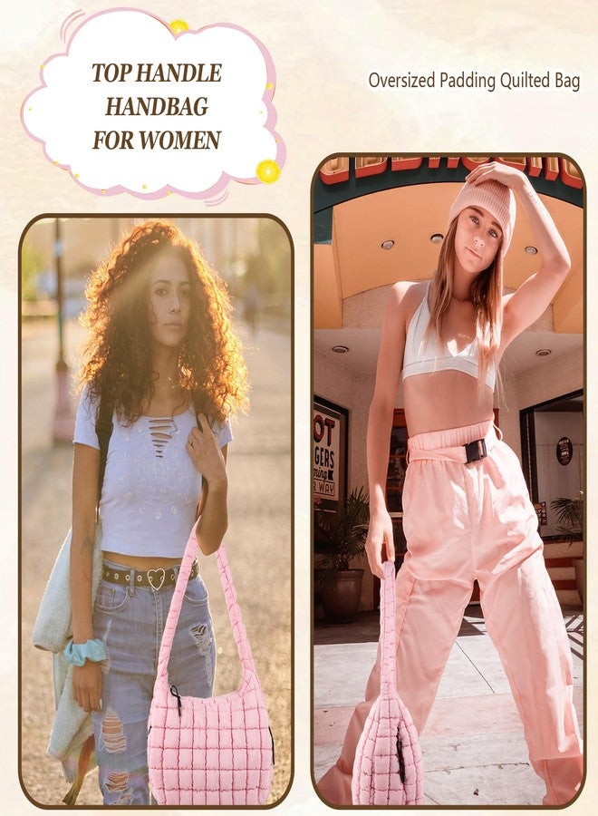 حقيبة حمل مبطنة ومنتفخة، حقيبة كتف كروسبودي بسحاب، حقائب نايلون منتفخة، حقيبة يد للسفر بمقبض علوي للنساء والفتيات، حقائب حمل كبيرة الحجم مبطنة وناعمة (وردي، كبير) - Image 5