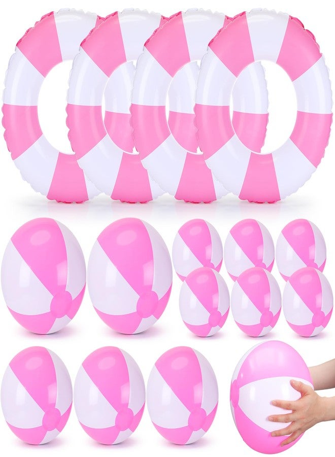 Chitidr 15 Pcs Inflatable Swimming Float Supplies Set, 22.8" Striped Swim Ring & 5.9" 9" 11.8" Beach Ball Summer Family Activities for Pool Beach Party Supplies(Pink) - Image 1