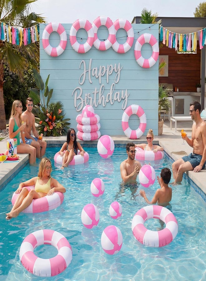 Chitidr 15 Pcs Inflatable Swimming Float Supplies Set, 22.8" Striped Swim Ring & 5.9" 9" 11.8" Beach Ball Summer Family Activities for Pool Beach Party Supplies(Pink) - Image 2