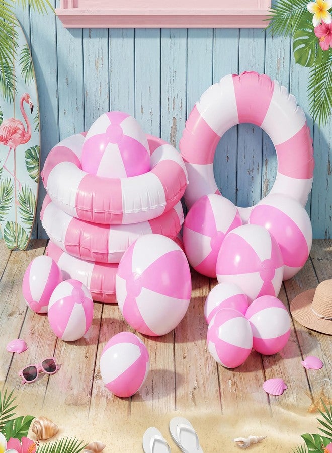 Chitidr 15 Pcs Inflatable Swimming Float Supplies Set, 22.8" Striped Swim Ring & 5.9" 9" 11.8" Beach Ball Summer Family Activities for Pool Beach Party Supplies(Pink) - Image 5
