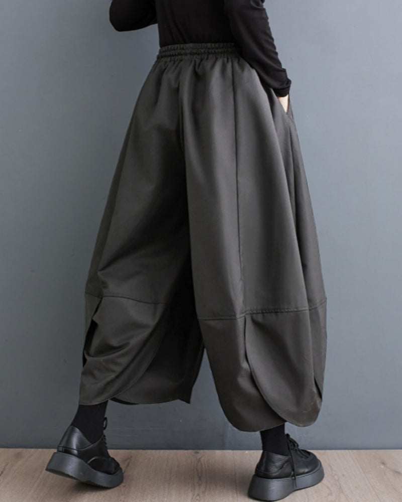 ellazhu Women's Puffy Drawstring Elastic Waist Drop Crotch Hakama Harem Balloon Wide Leg Pants GZ81 Gray - Image 2