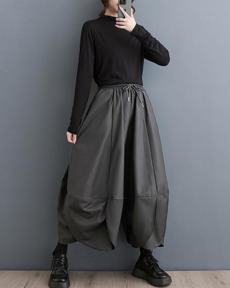 ellazhu Women's Puffy Drawstring Elastic Waist Drop Crotch Hakama Harem Balloon Wide Leg Pants GZ81 Gray - Image 3