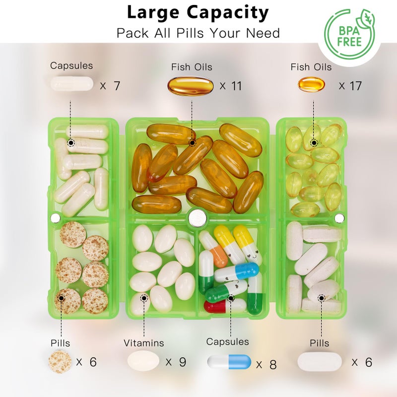 FYY Daily Pill Organizer, 7 Compartments Portable Pill Case Travel Pill Organizer,[Folding Design] Pill Box for Purse Pocket to Hold Vitamins,Cod Liver Oil,Supplements and Medication-Clear Green - Image 2
