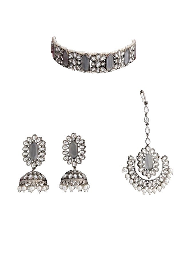 Glamsouq Beautiful Antique Designer Grey Black Rhodium Polish Party wear Necklace Set