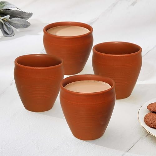 Pure Source India Clay Tea Kulhad Coffee Mugs - 4 Pieces, Brown, 200ml - Image 1