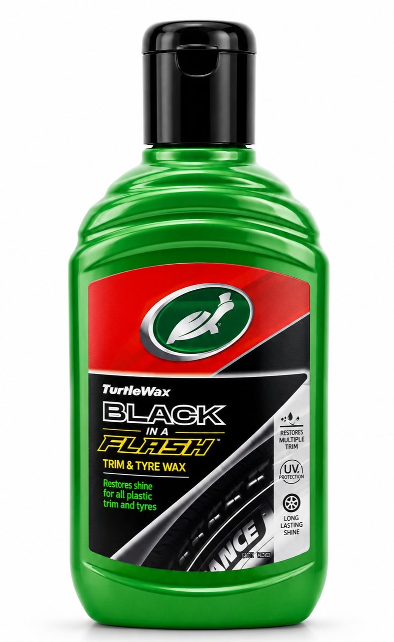 TurtleWax Turtle Wax Black In A Flash Trim & Tyre Wax 300ml, Plastic Trim Restorer, Tyre Shine Gel, Exterior Plastic Restorer, Rubber Trim Dressing, UV Protection, Long Lasting Gloss Finish, Car Bumper Restorer, Dashboard Trim Care, Auto Detailing Solution . - Image 1