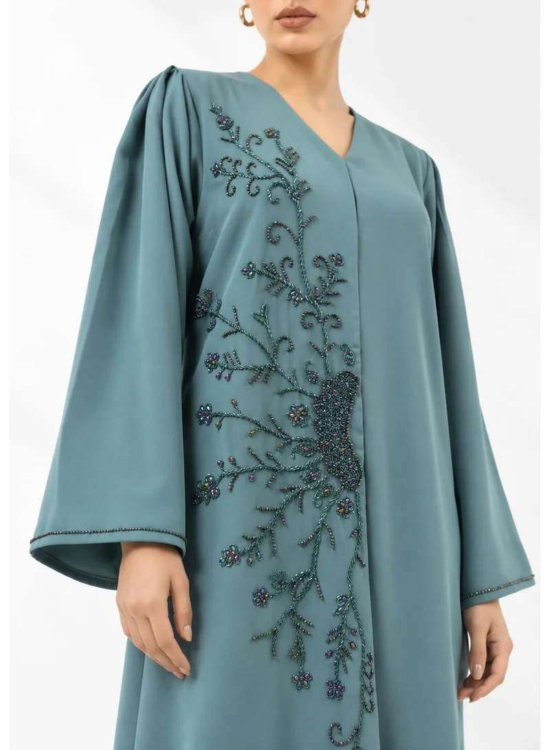 Aara Women's Teal Blue Abaya with Embroidered Beadwork, V-Neck & Bell Sleeves
