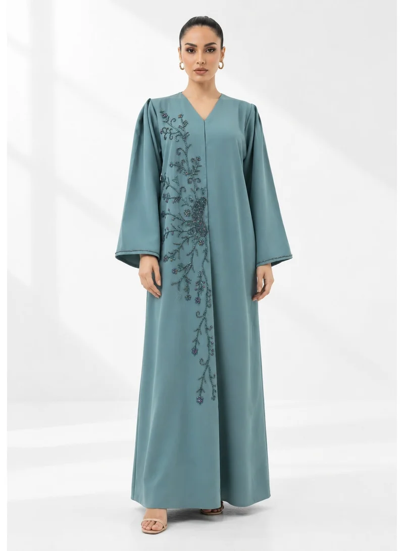 Aara Women's Teal Blue Abaya with Embroidered Beadwork, V-Neck & Bell Sleeves