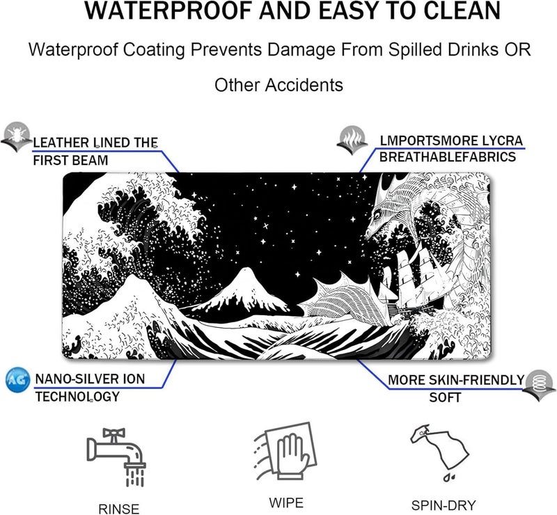 TEDNETGO Large Gaming Mouse Pad, Waterproof Extra Large Big Mouse Pad with Stitched Edge, XXXL Non-Slip Black Computer Long Mousepad for Gamer, Office & Home, Black White Dragon - Image 4