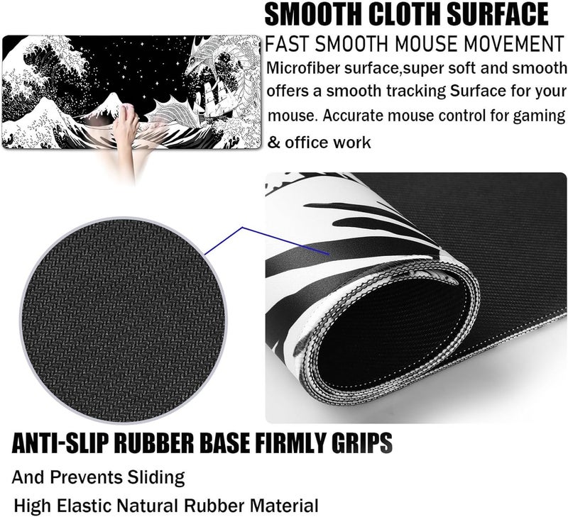TEDNETGO Large Gaming Mouse Pad, Waterproof Extra Large Big Mouse Pad with Stitched Edge, XXXL Non-Slip Black Computer Long Mousepad for Gamer, Office & Home, Black White Dragon - Image 3