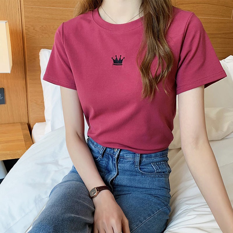 2024 summer new slim embroidery round neck short sleeve T-shirt womens student womens base coat a generation of hair red  - Image 1