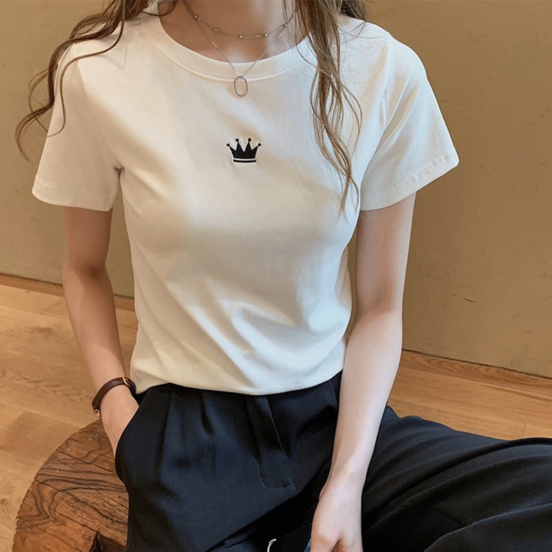 2024 summer new slim embroidery round neck short sleeve T-shirt womens student womens base coat a generation of hair red  - Image 2