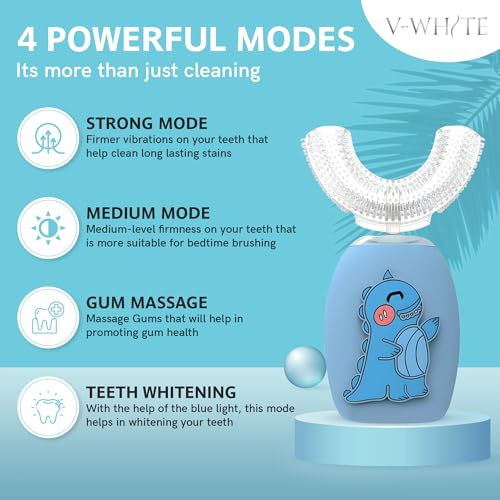 V-White فرشاة أسنان كهربائية للأطفال V-WHITE - فرشاة أسنان فوق صوتية على شكل U لتبييض الأسنان - تنظيف فم 360°، حماية اللثة بدون استخدام اليدين - شحن لاسلكي وضوء LED - مقاومة للماء مع شهادة IPX7 - Image 2