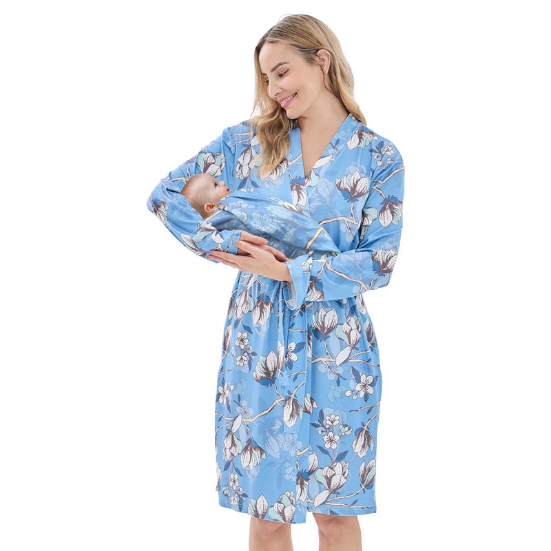 V.&GRIN Mommy and Me Robe and Swaddle Set, Maternity Robe and Matching Baby Blanket | Hospital Outfits Labor Delivery(Blue WhiteL/XL) - Image 1
