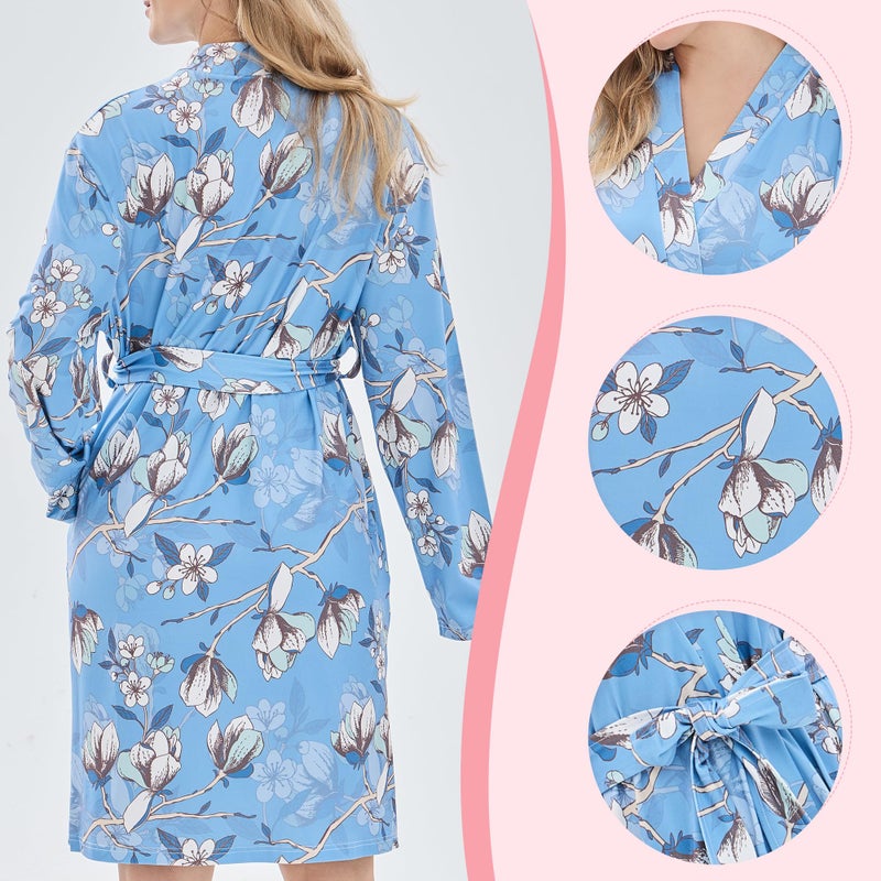 V.&GRIN Mommy and Me Robe and Swaddle Set, Maternity Robe and Matching Baby Blanket | Hospital Outfits Labor Delivery(Blue WhiteL/XL) - Image 2