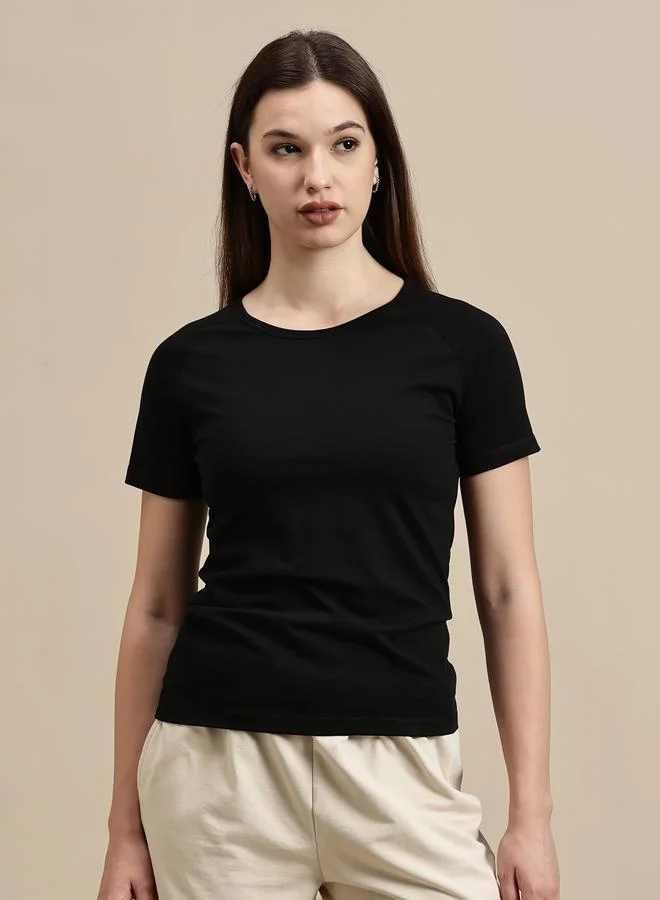 ECOLORE Black Solid Raglan Sleeve Top