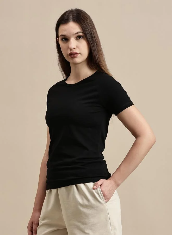 ECOLORE Black Solid Raglan Sleeve Top