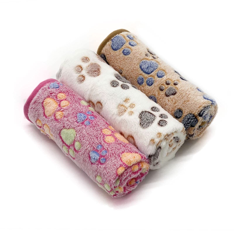 SORKUT 1 Pack 3 Puppy Dog Blankets Super Soft Warm Sleep Mat Fluffy Premium Fleece Pet Blanket Flannel Throw for Dog Puppy Cat  Paw Print BeigePinkBrown Small23x15