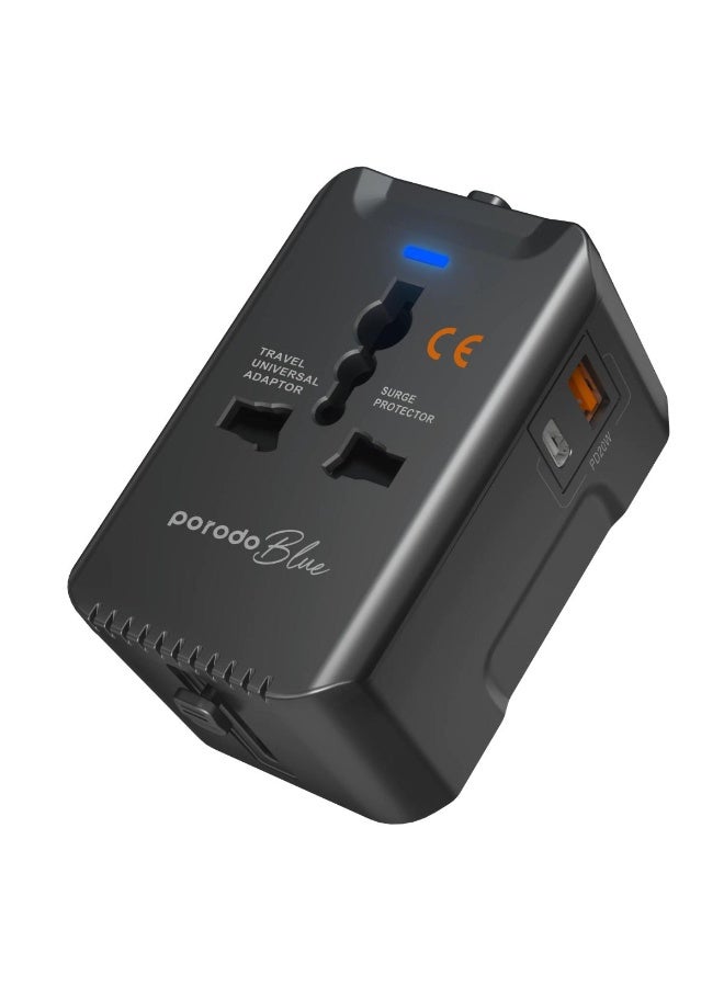 Porodo Blue Dual Port Universal Travel Charger PD 20W QC 18W with USB-C & USB-A for 150+ Countries - Image 3