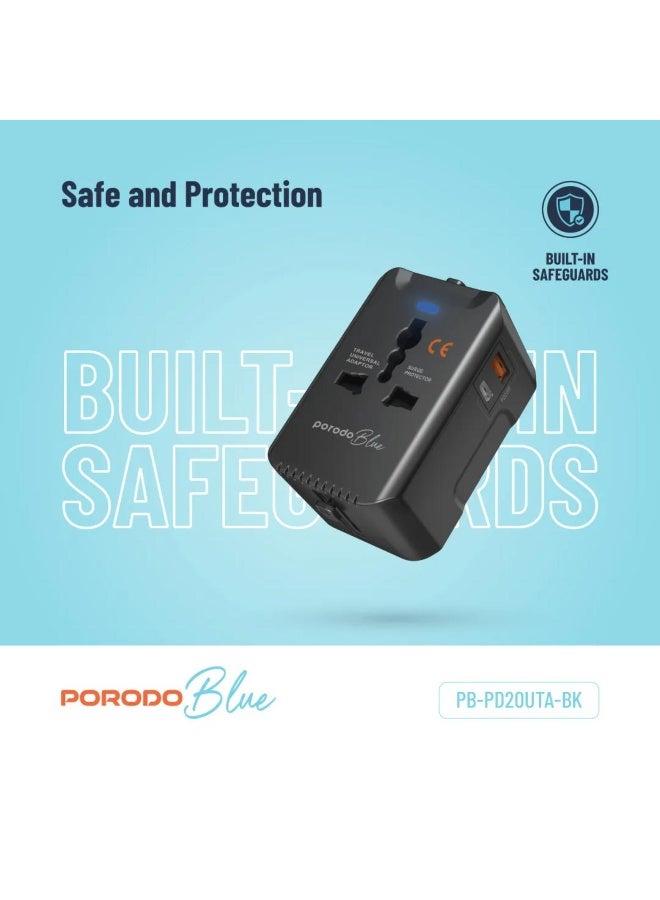 Porodo Blue Dual Port Universal Travel Charger PD 20W QC 18W with USB-C & USB-A for 150+ Countries - Image 4