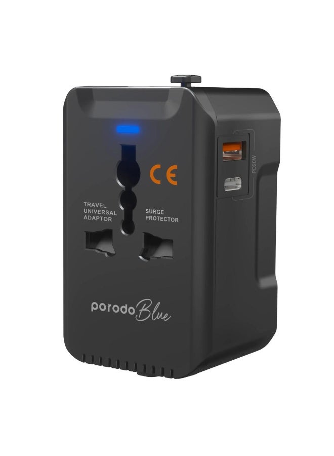 Porodo Blue Dual Port Universal Travel Charger PD 20W QC 18W with USB-C & USB-A for 150+ Countries - Image 1