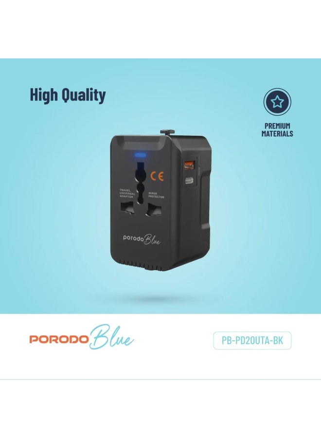 Porodo Blue Dual Port Universal Travel Charger PD 20W QC 18W with USB-C & USB-A for 150+ Countries - Image 2