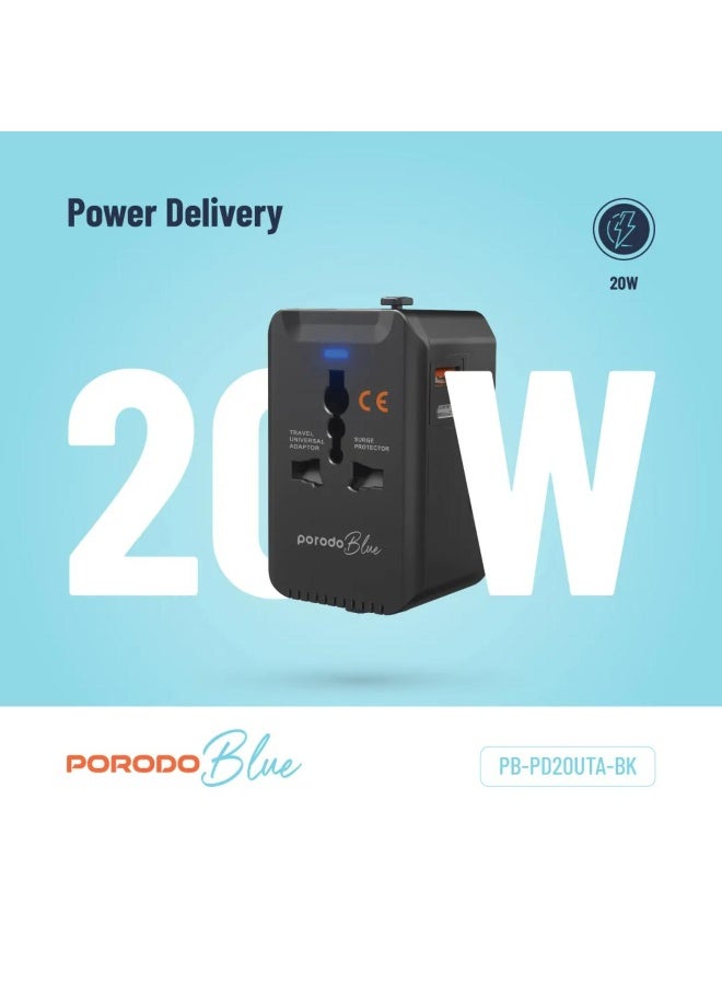 Porodo Blue Dual Port Universal Travel Charger PD 20W QC 18W with USB-C & USB-A for 150+ Countries - Image 5