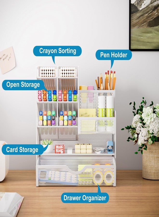 Marbrasse Mesh Pen Holder for Desk, Multi-Functional Pencil Organizer with Drawer, Desk Organizers and Accessories for Office Art Supplies (White) - Image 2