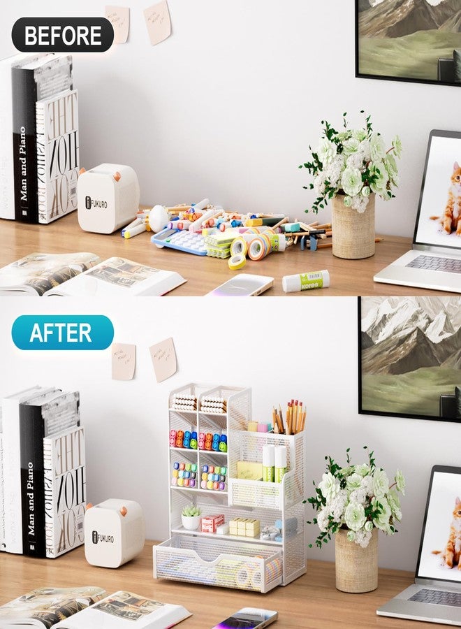 Marbrasse Mesh Pen Holder for Desk, Multi-Functional Pencil Organizer with Drawer, Desk Organizers and Accessories for Office Art Supplies (White) - Image 3