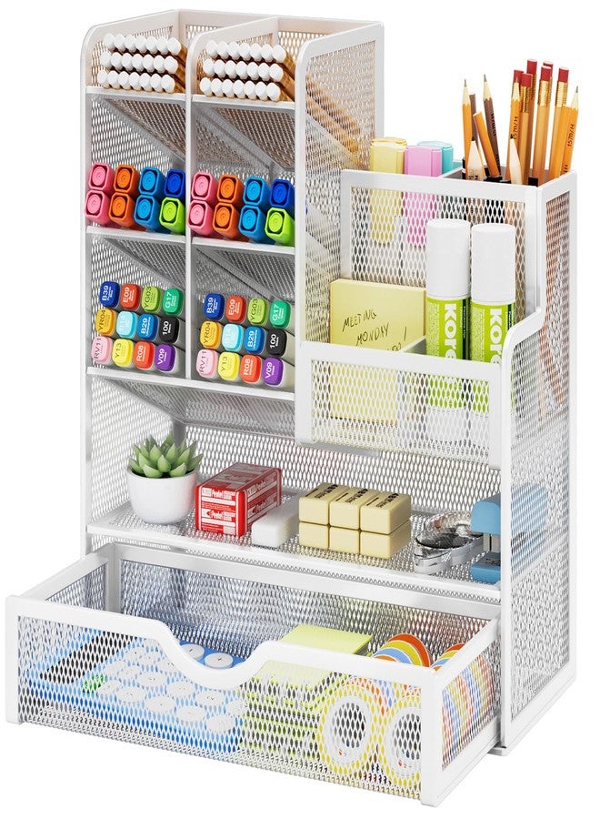 Marbrasse Mesh Pen Holder for Desk, Multi-Functional Pencil Organizer with Drawer, Desk Organizers and Accessories for Office Art Supplies (White) - Image 1