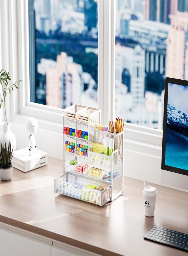 Marbrasse Mesh Pen Holder for Desk, Multi-Functional Pencil Organizer with Drawer, Desk Organizers and Accessories for Office Art Supplies (White) - Image 5