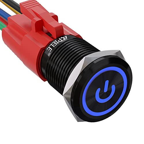 APIELE 16mm Latching Push Button Switch 063 12V Power Symbol Ring Led Car Metal with Socket Plug 1NO1NC SPDT ONOff BlueBlack Shell - Image 1